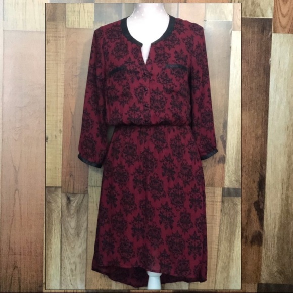 Daniel Rainn Baroque Print High-Low Dress |3/4 Sleeve Pleated Waist Boho Chic - Picture 3 of 9